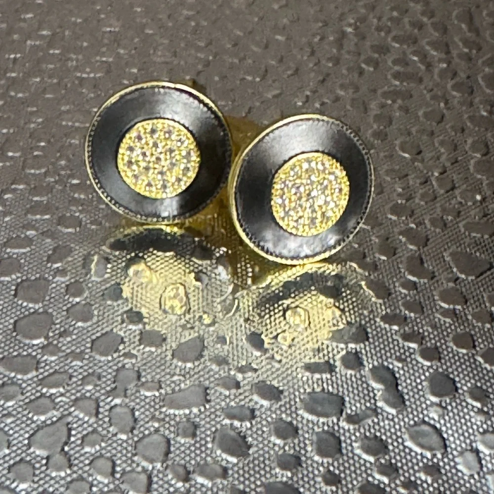 Men’s Cufflinks Freida Rothman factory, matte gold clear CZ black matte circular
